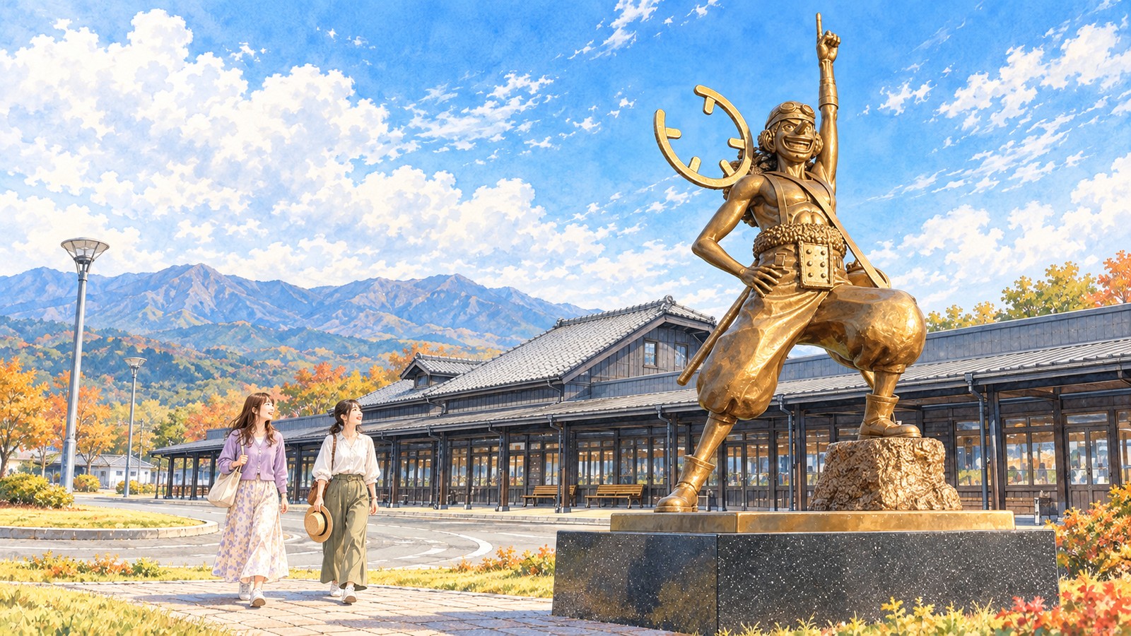 Illustration of the Usopp statue in front of Aso Station and two women walking from the station