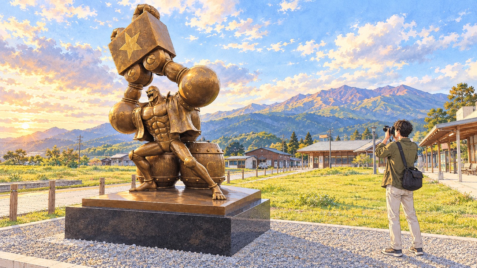 Illustration of a man photographing the Franky statue at Takamori Station with the Aso mountains behind