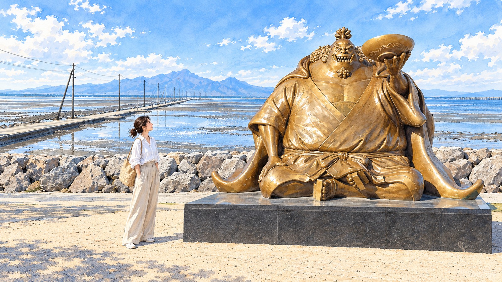 Illustration of the seated Jinbe statue by the sea facing the Nagabeta causeway and Mount Unzen, with a woman looking at it