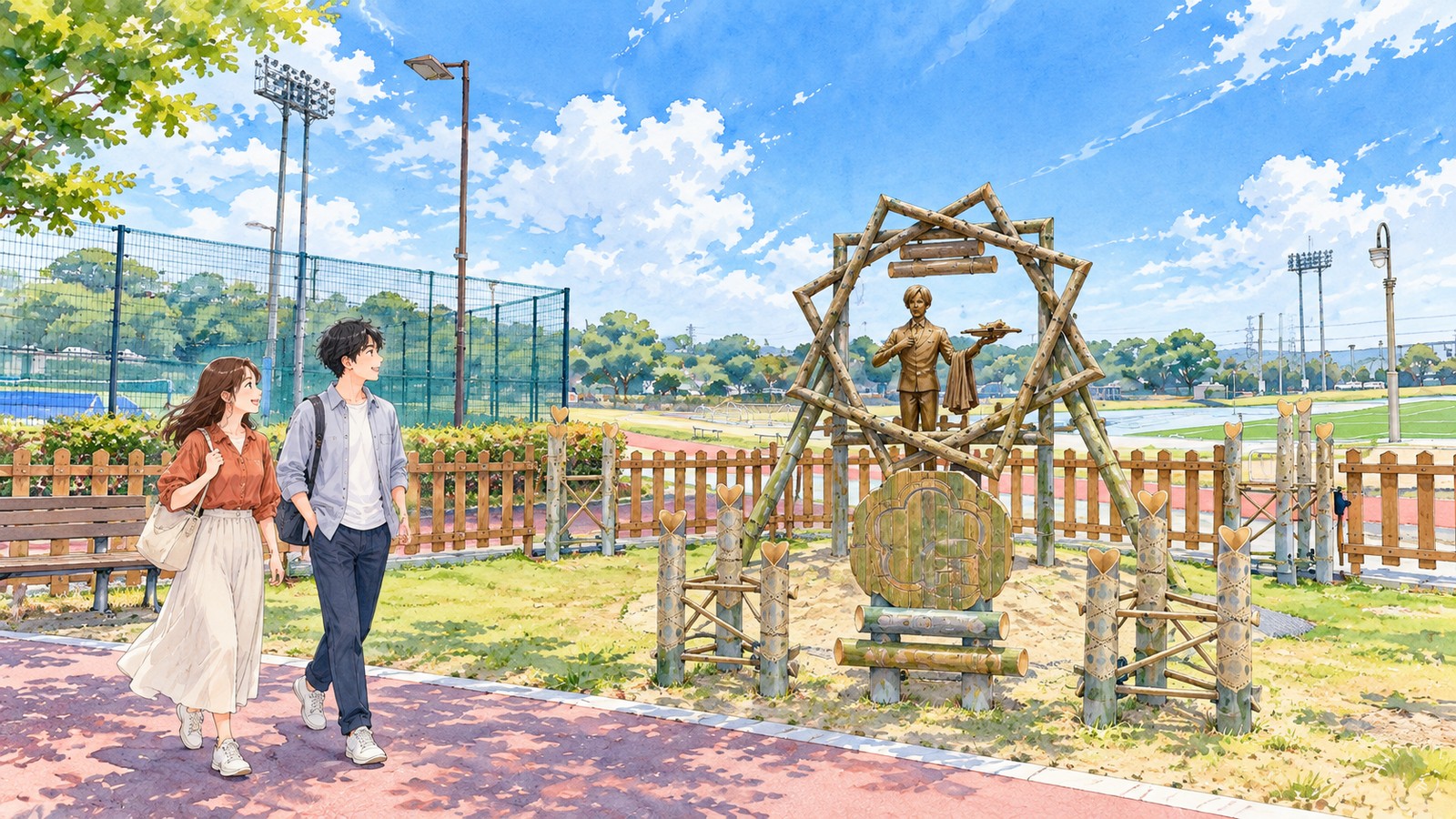 Illustration of the Sanji statue inside a star-shaped log arch, with two people walking past