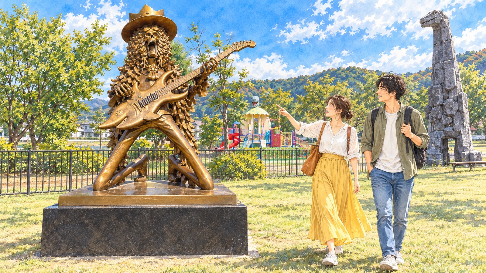 Illustration of two people pointing at the guitar-playing Brook statue in Mifune Fureai Hiroba