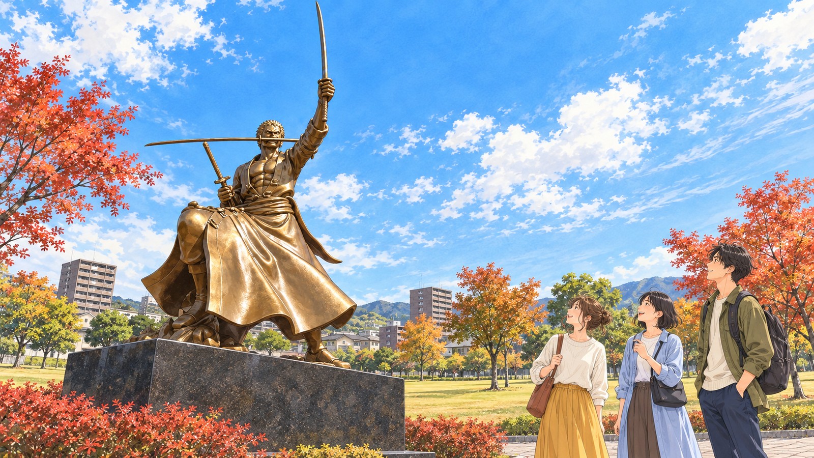 Illustration of three friends looking up at the sword-raising Zoro statue in Otsu Chuo Park