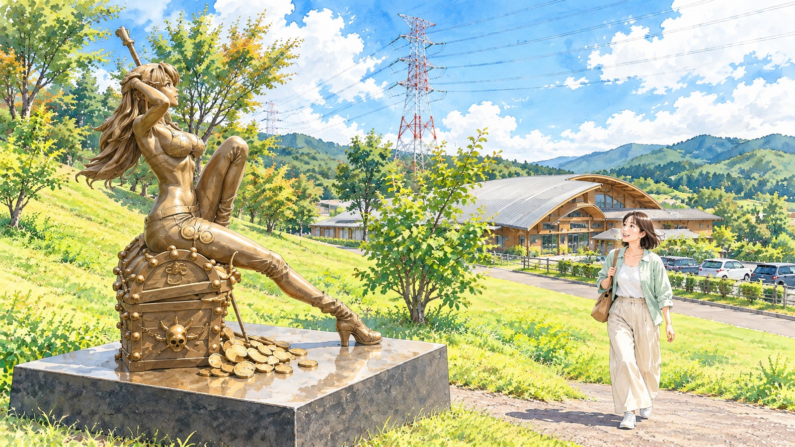 Illustration of the Nami statue sitting on a treasure chest on the slope at Moe no Sato, with a woman walking up