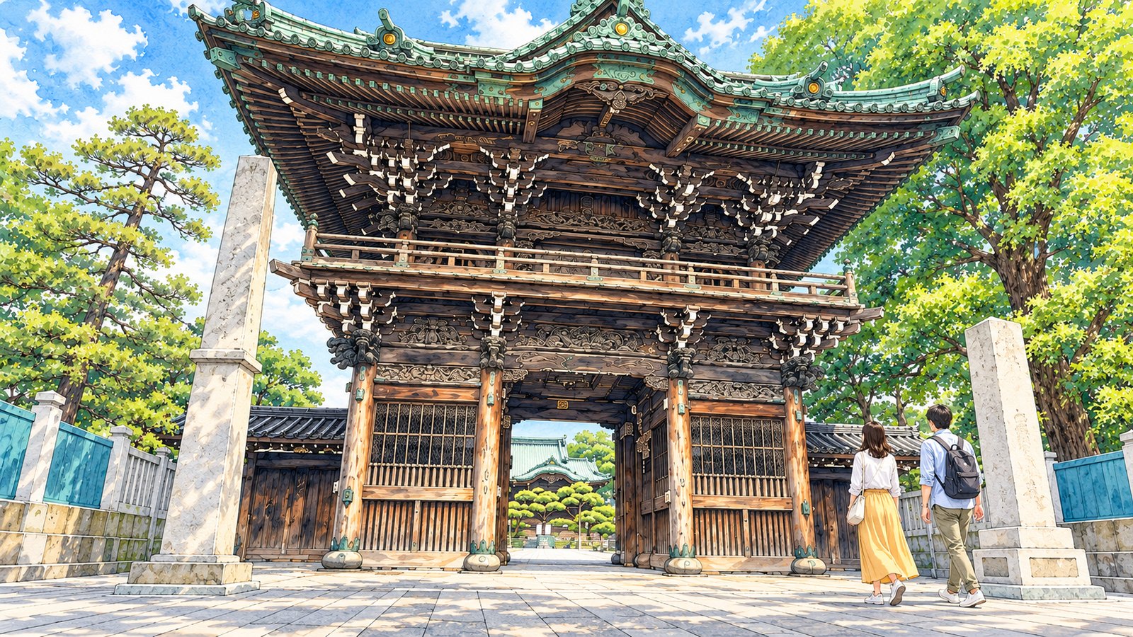 Illustration of two travelers approaching Taishakuten’s Nitenmon Gate in Shibamata, viewed from below.