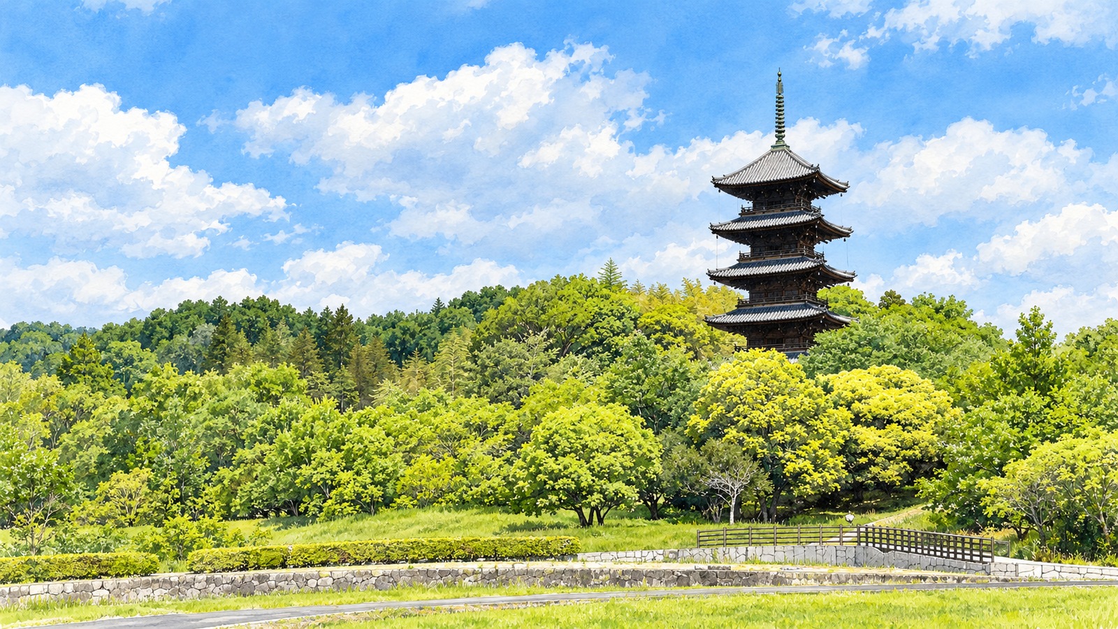 緑の向こうに立つ備中国分寺の五重塔