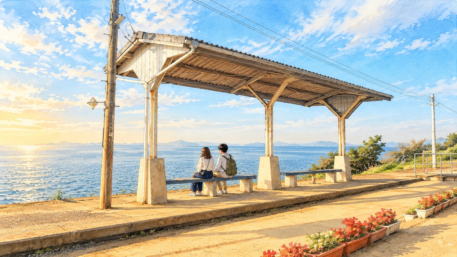 下灘駅の待合屋根と海