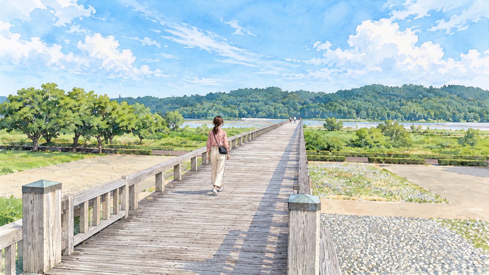 蓬莱橋の木の床と低い欄干