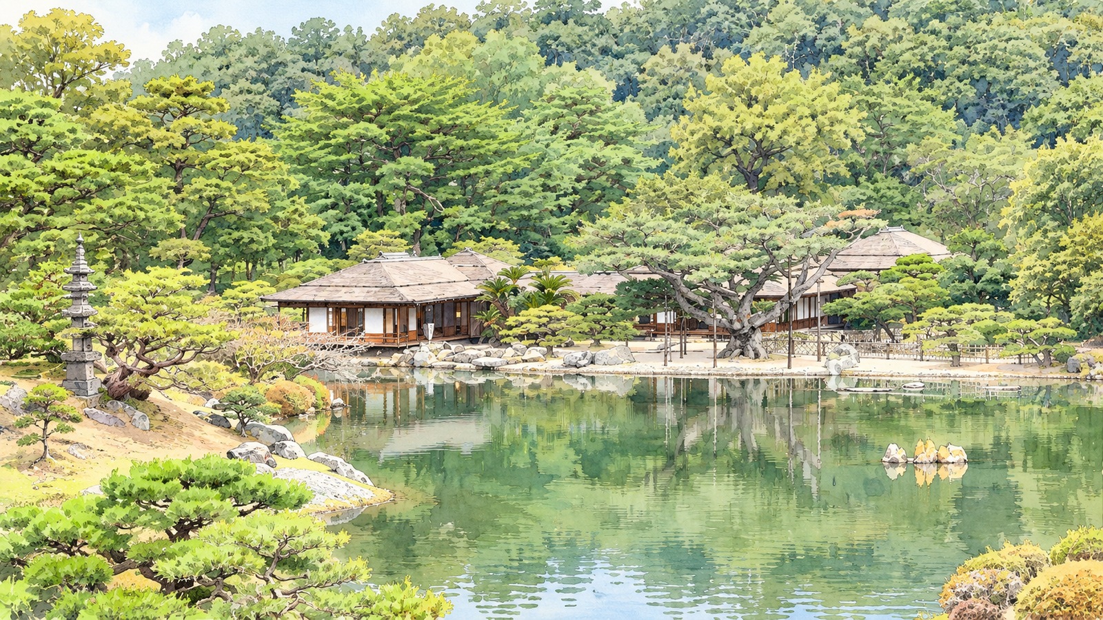 栗林公園の池と茶屋