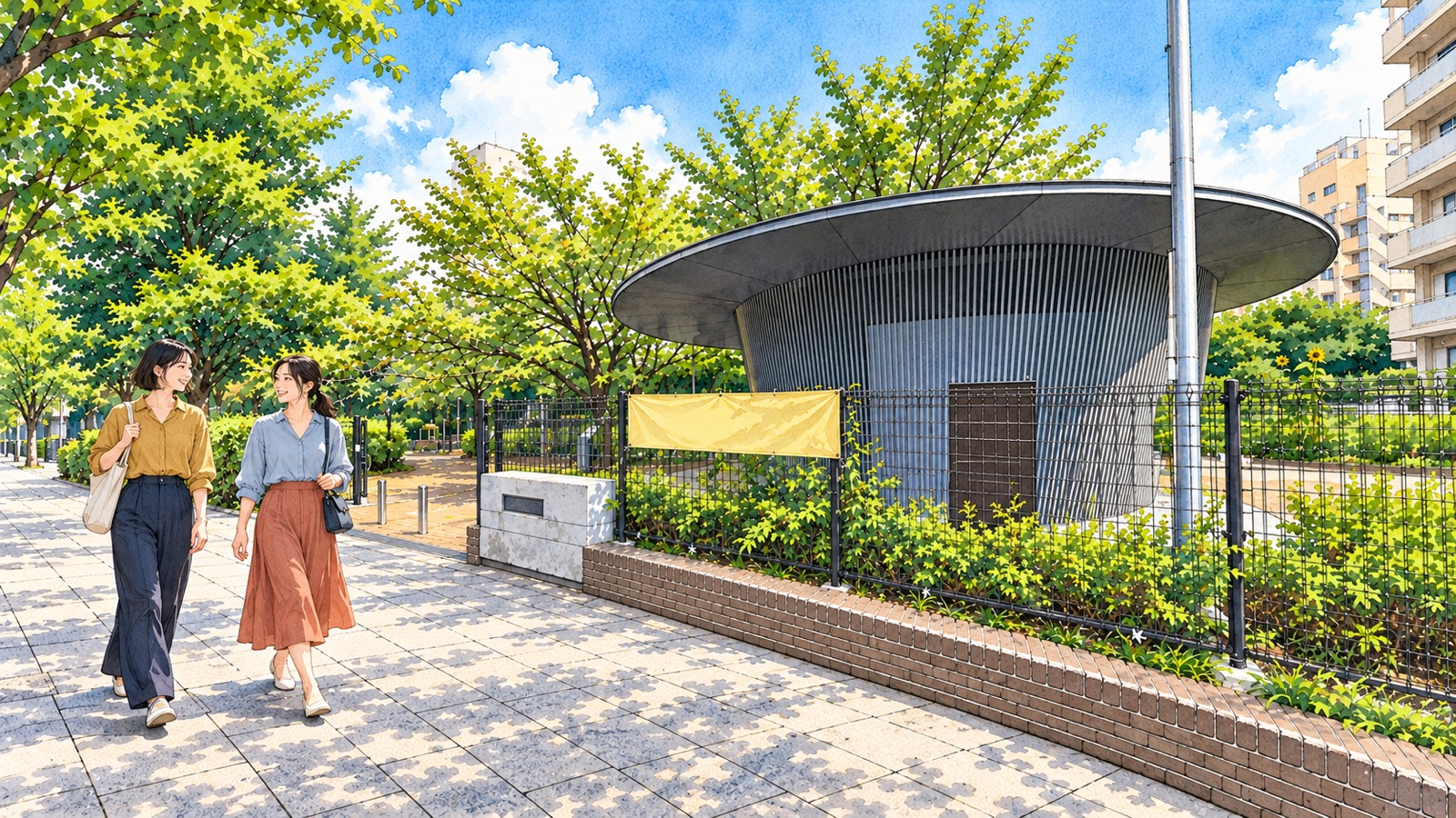 神宮通公園の円形の庇を持つトイレの前の歩道を歩く成人女性二人のイラスト