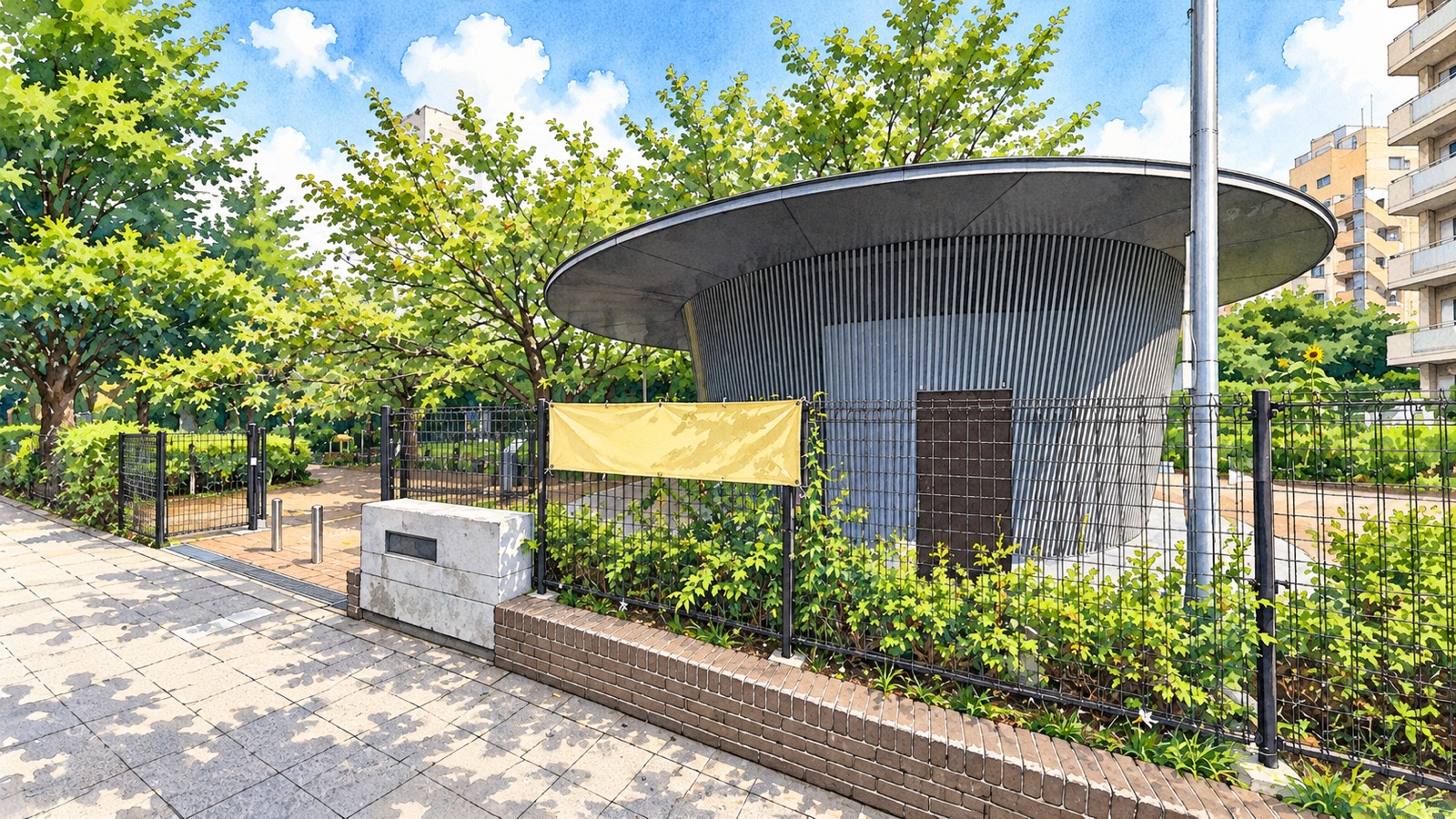 円形の庇と縦格子のある神宮通公園トイレのイラスト