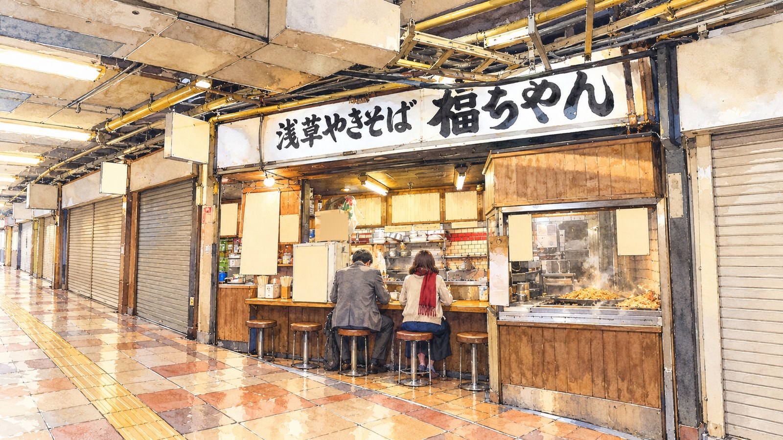 「浅草やきそば 福ちゃん」の看板の下、地下通路に面したカウンターに座る二人の客のイラスト