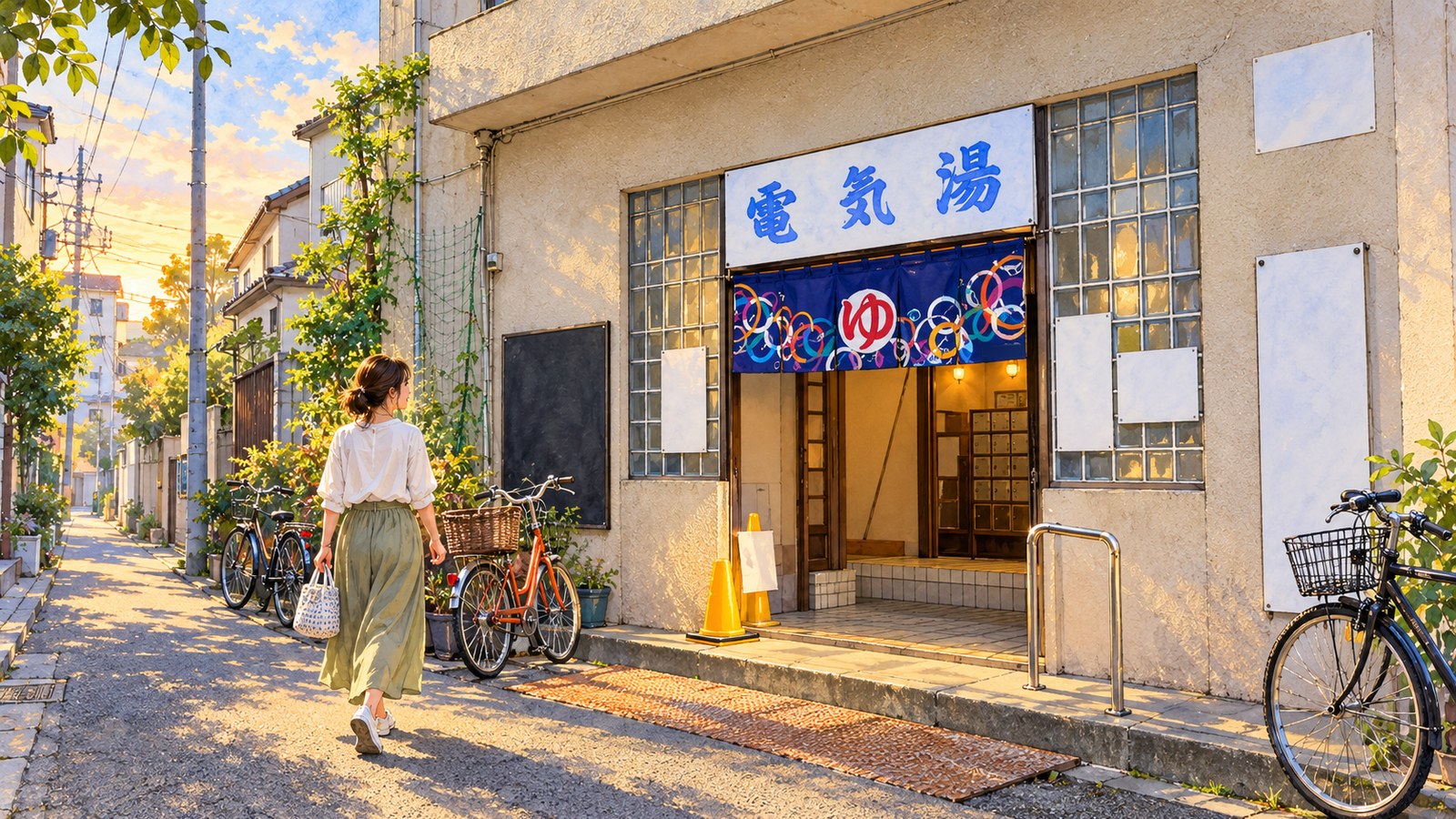 「電気湯」の看板と色とりどりの輪の暖簾の入口へ、女性が向かう夕方のイラスト