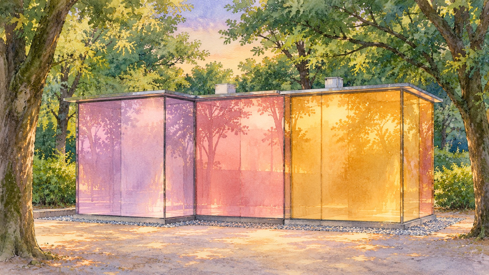 紫・ピンク・黄色のガラスが並ぶ代々木深町小公園トイレのイラスト