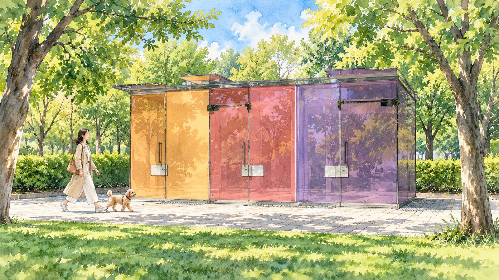 オレンジや紫の色ガラスの箱が並ぶ公園のトイレの前を、犬を連れた女性が歩くイラスト