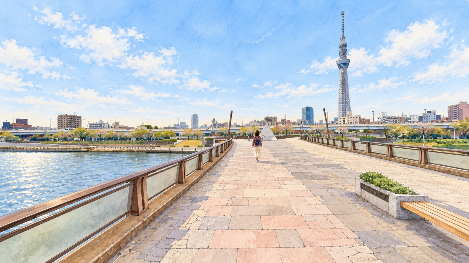 隅田川と東京スカイツリーを望む桜橋を歩く女性のイラスト