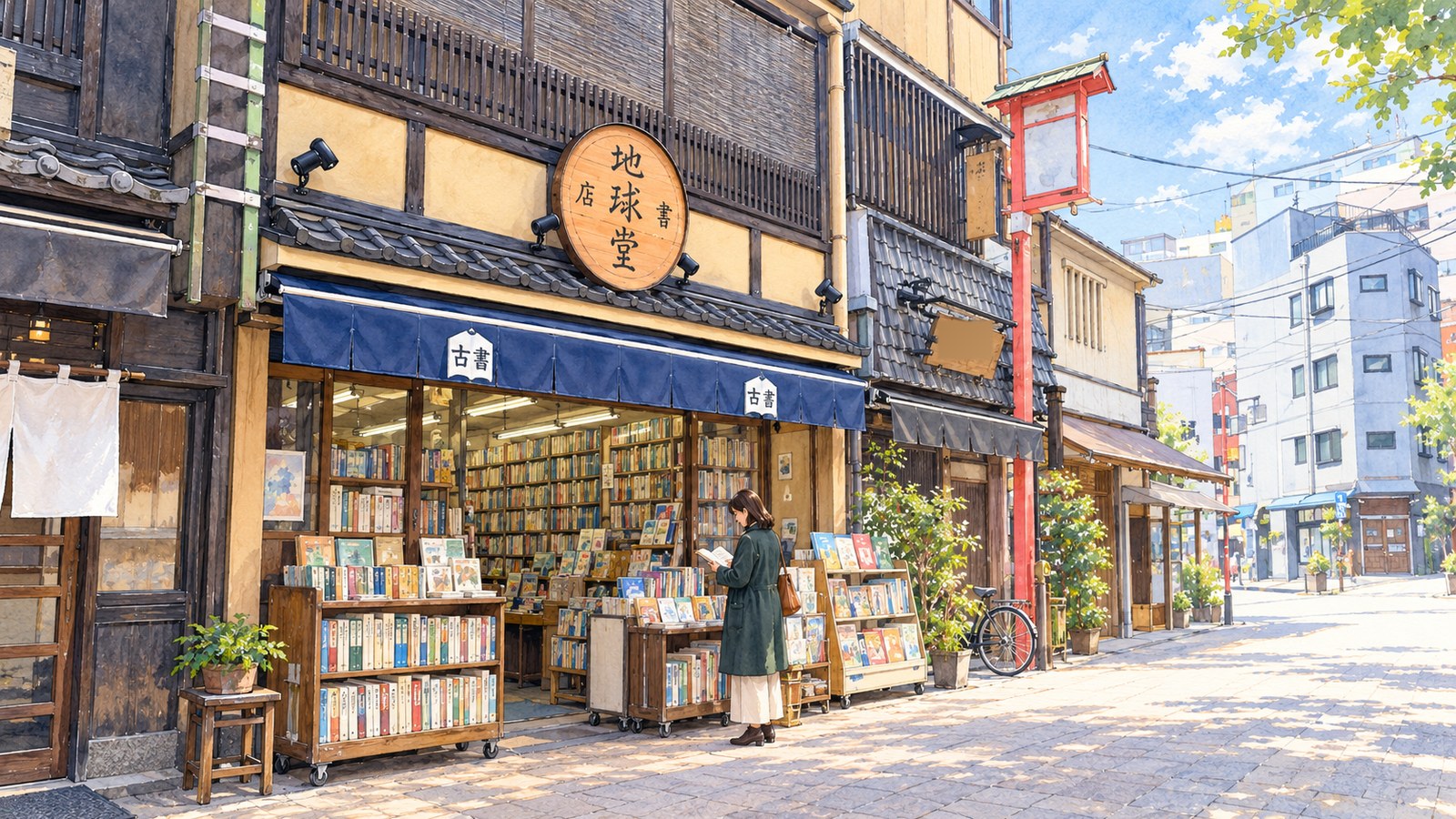 丸い木の看板「地球堂書店」と紺の日よけの下で、古本を手に取る女性のイラスト