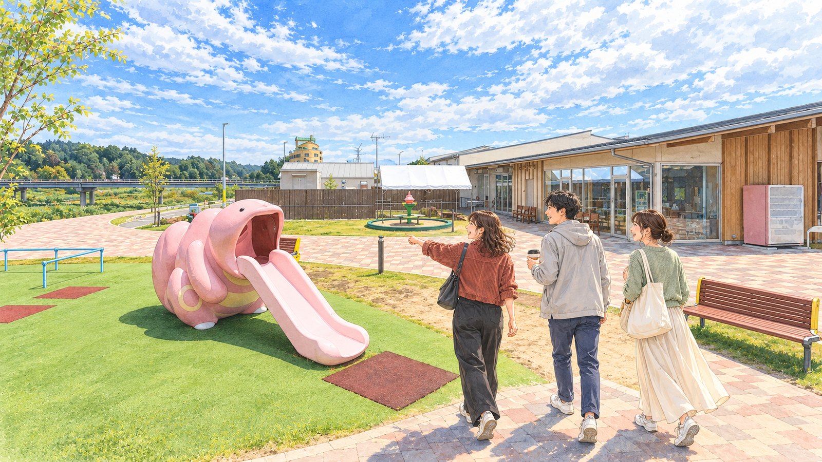 道の駅なみえのラッキー公園で、ベロリンガのすべり台へ歩く三人のイラスト
