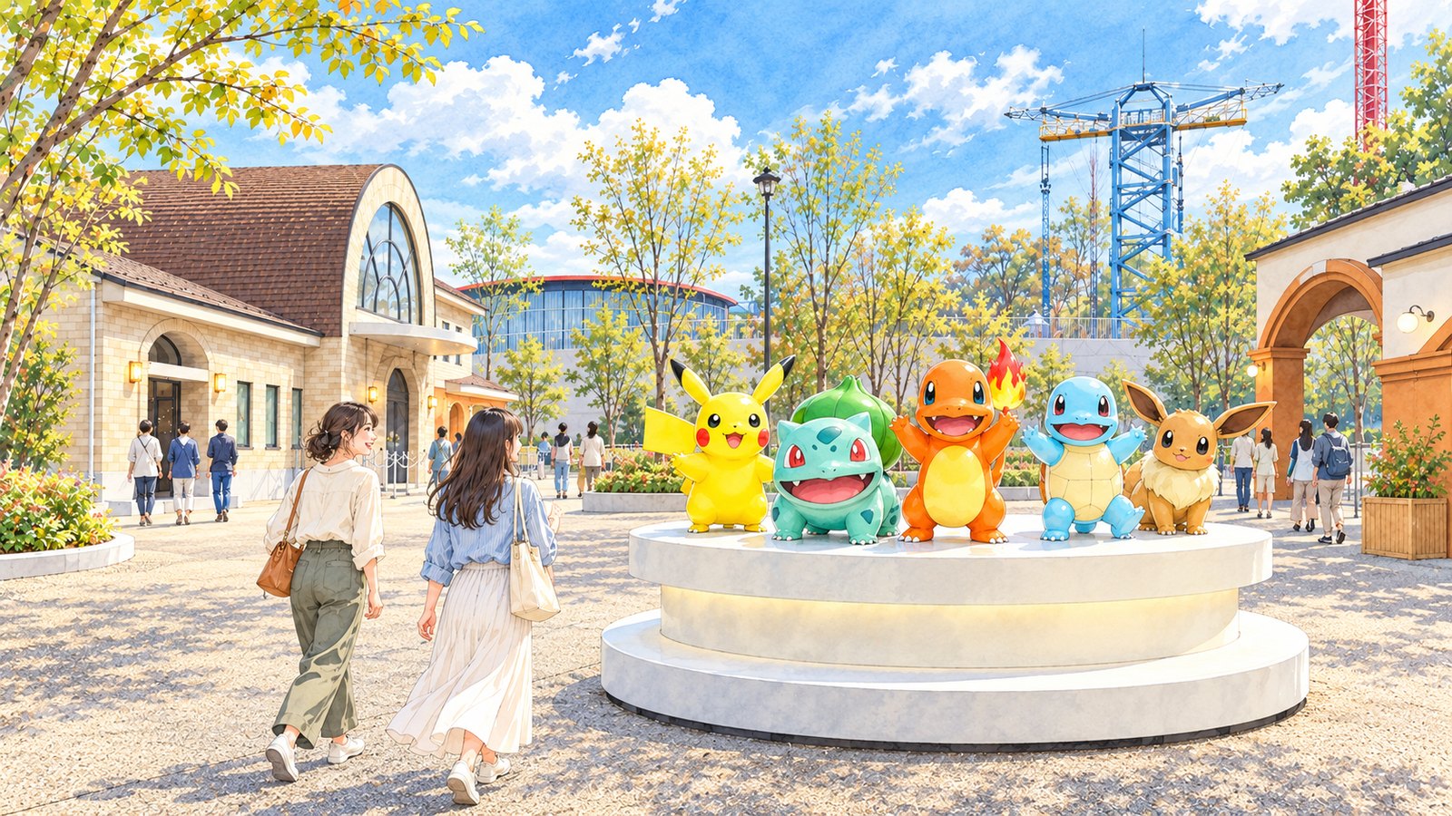 Illustration of Pikachu and other statues in the plaza at the entrance to PokéPark KANTO, with two visitors walking toward them.