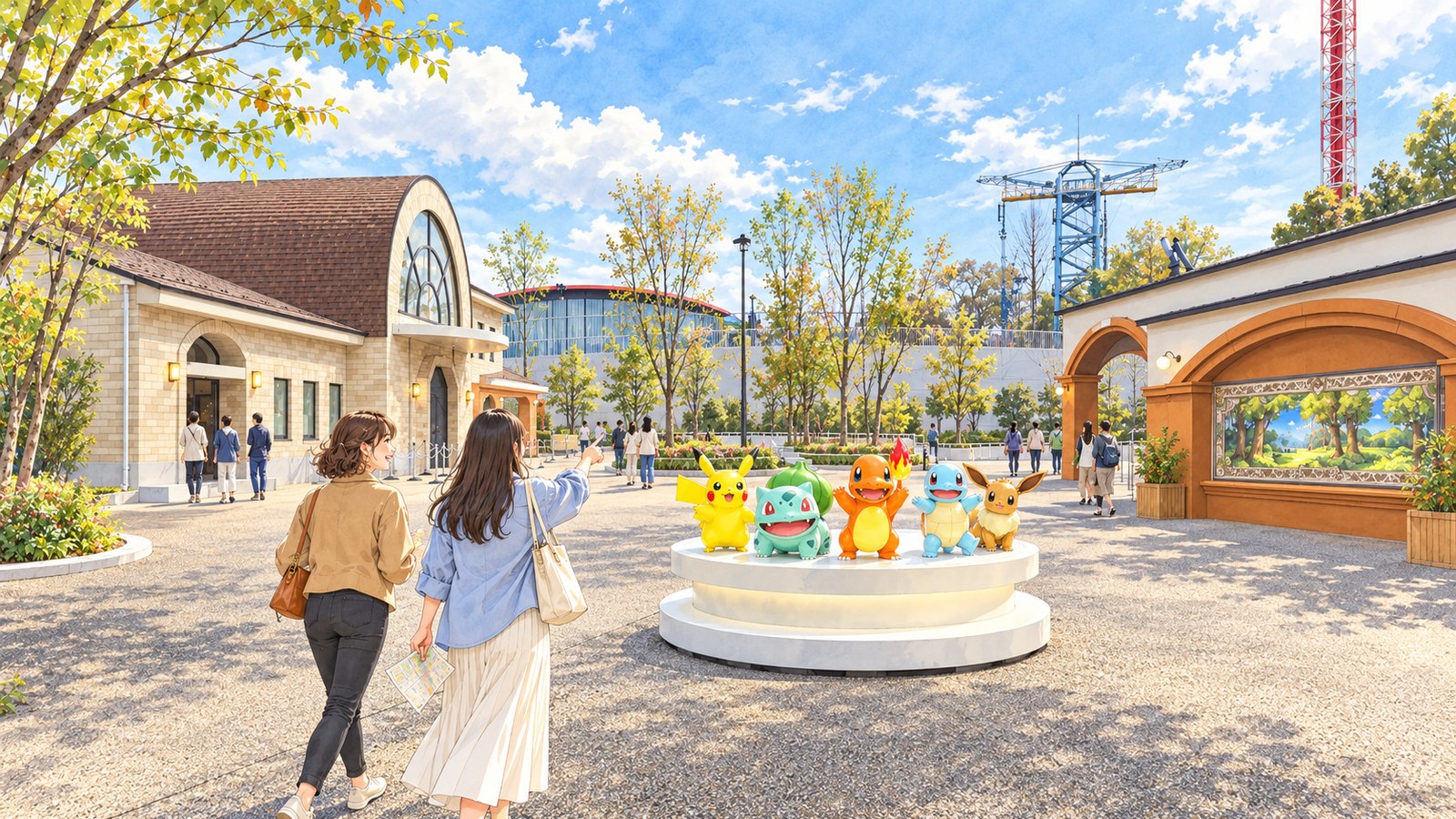 ポケパーク カントー入口の広場で、白い台座に並ぶピカチュウやフシギダネなどの像へ歩く二人のイラスト