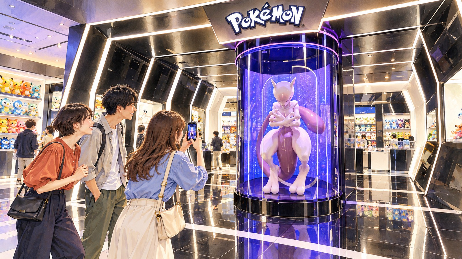 「Pokémon」のロゴの下でミュウツーのカプセルを撮るポケモンセンターシブヤ入口の三人のイラスト