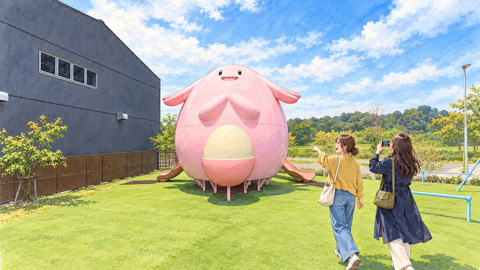 ラッキー公園 in なみえまちの大きなラッキーの複合遊具と、指さしたり撮影したりする二人のイラスト