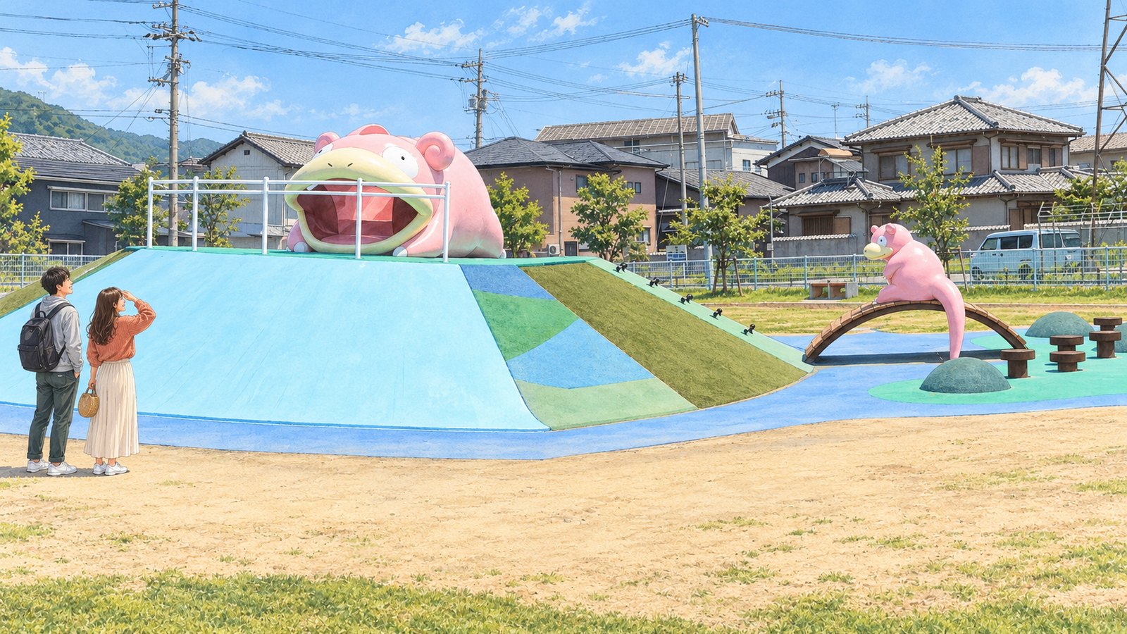 ヤドン公園の水色の築山に載る大きなヤドンの頭と、見上げる二人のイラスト