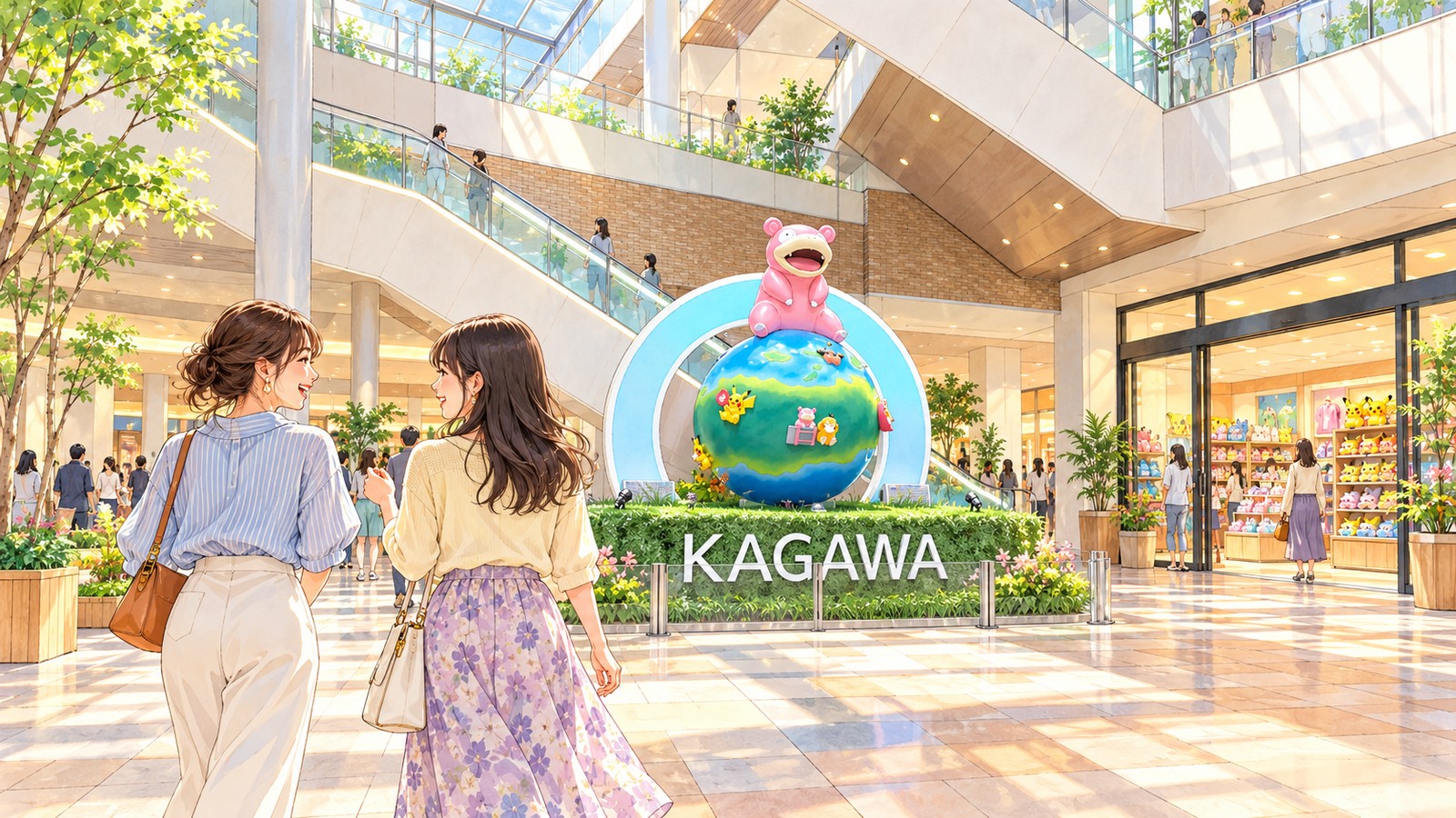 丸亀町グリーンの吹き抜けに立つ、ヤドンが乗った地球儀と「KAGAWA」の文字のモニュメントへ歩く二人のイラスト