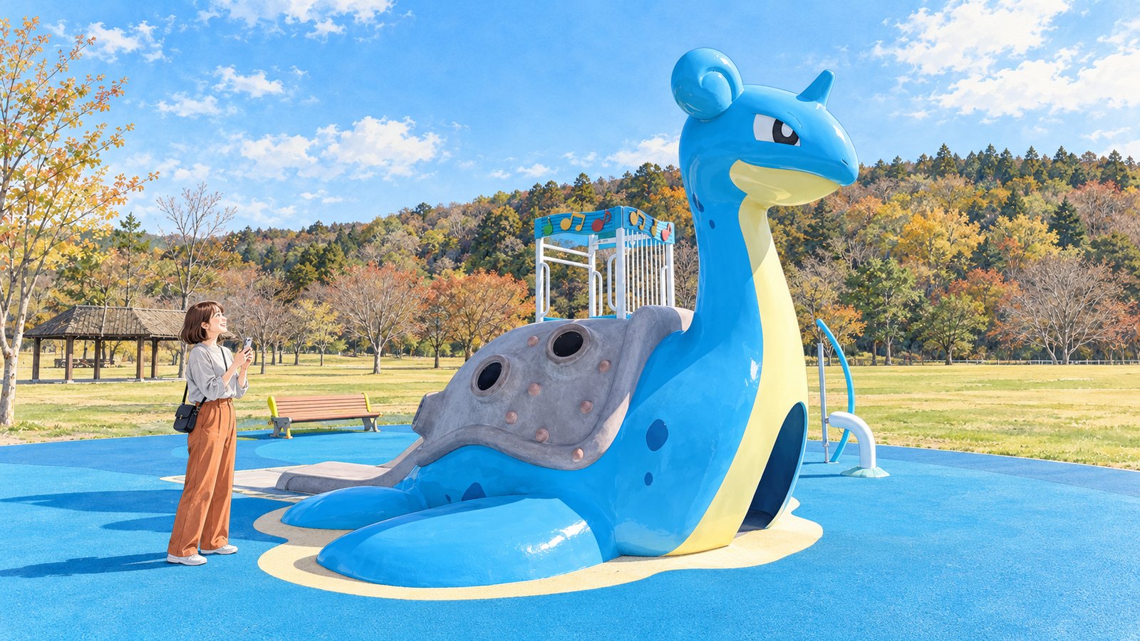 ラプラス公園 in かせぬまのラプラスのすべり台を見上げてスマートフォンを構える女性のイラスト