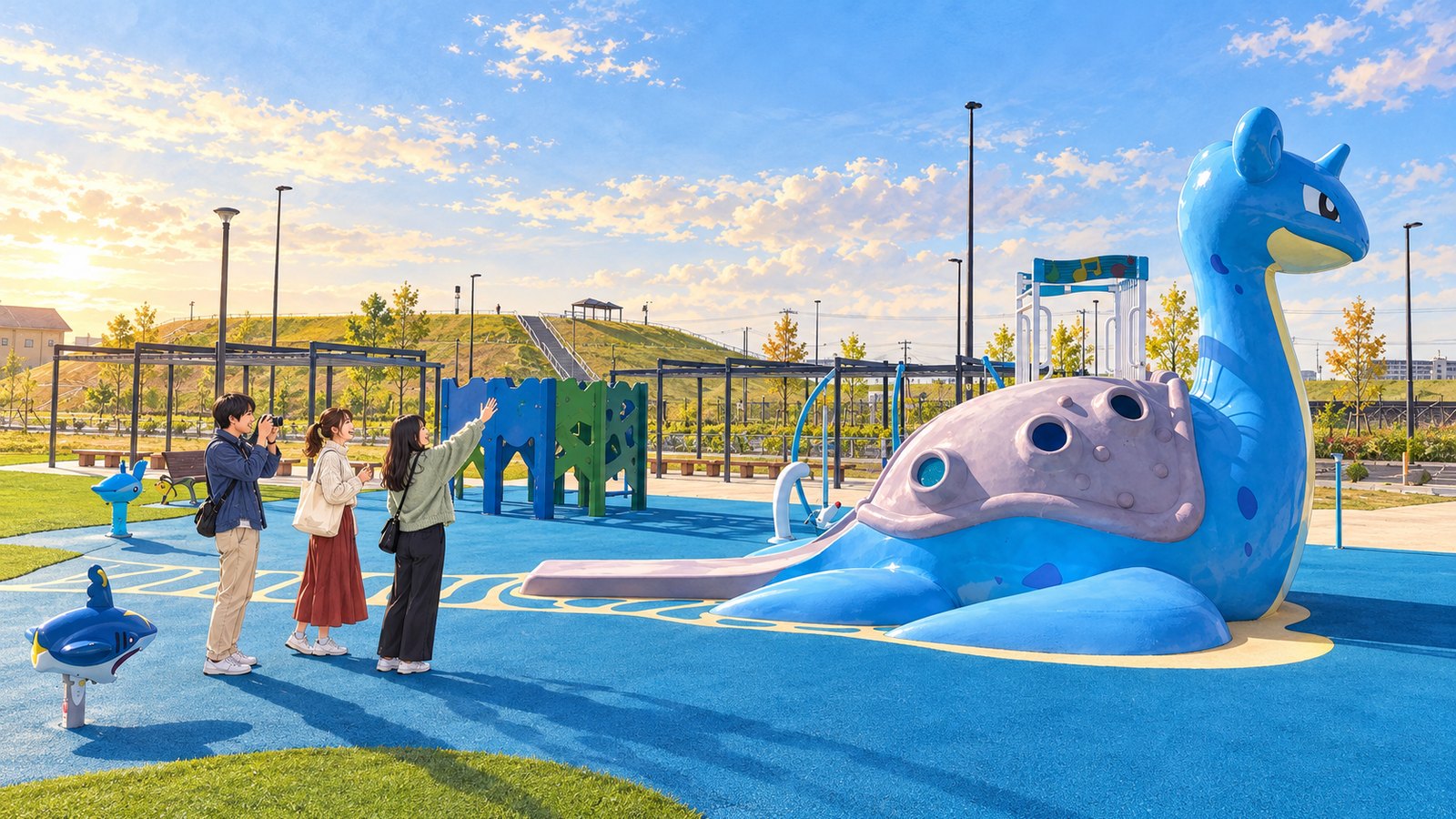 ラプラス公園 in せんだいの長いラプラスのすべり台と、手を振って撮影する三人のイラスト
