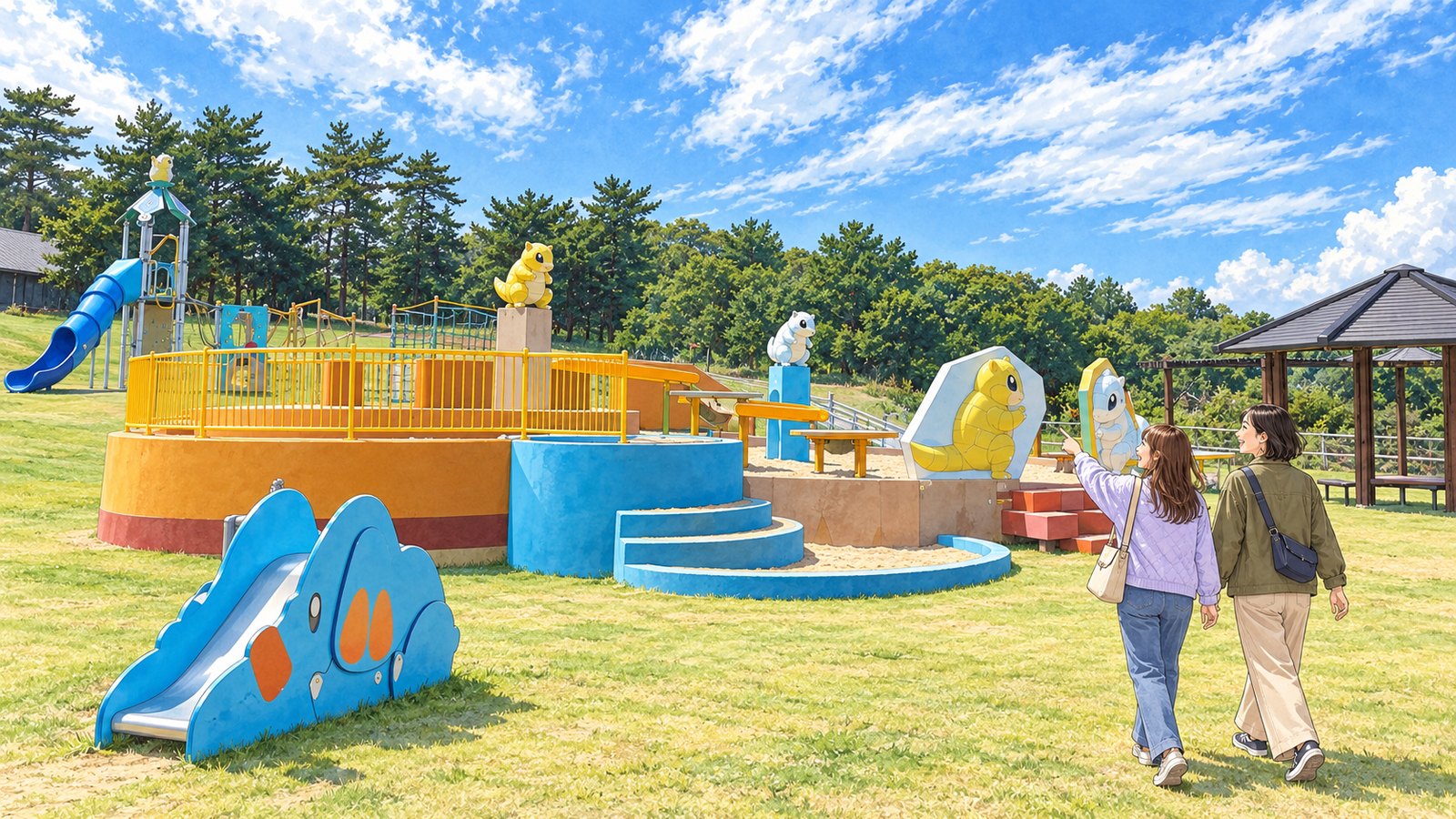 サンド公園の黄色い柵の円形砂場と柱の上のサンドへ歩く二人のイラスト