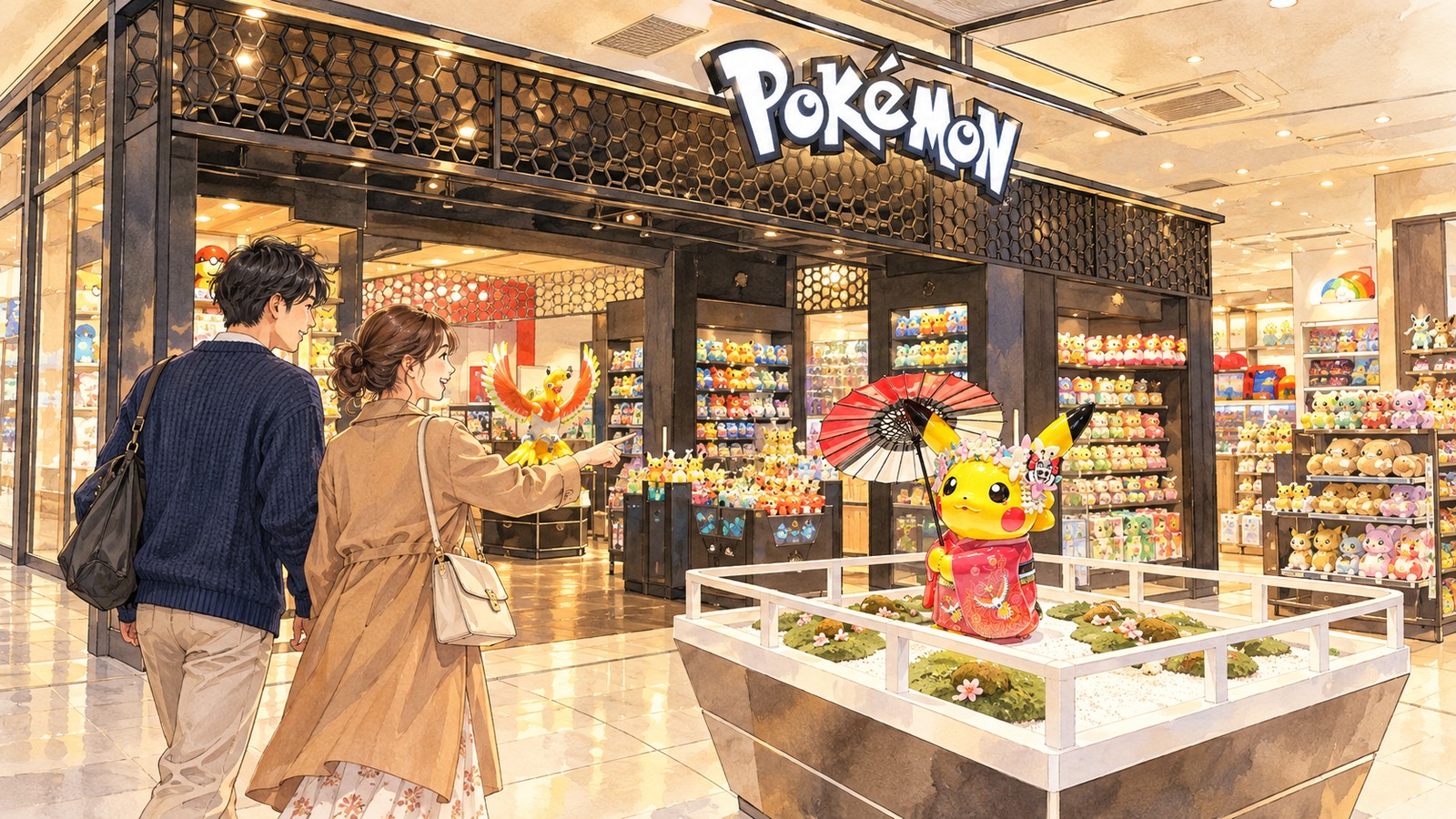 「Pokémon」のロゴが掲げられたポケモンセンターキョウトの入口と、着物姿のピカチュウを指さす二人のイラスト