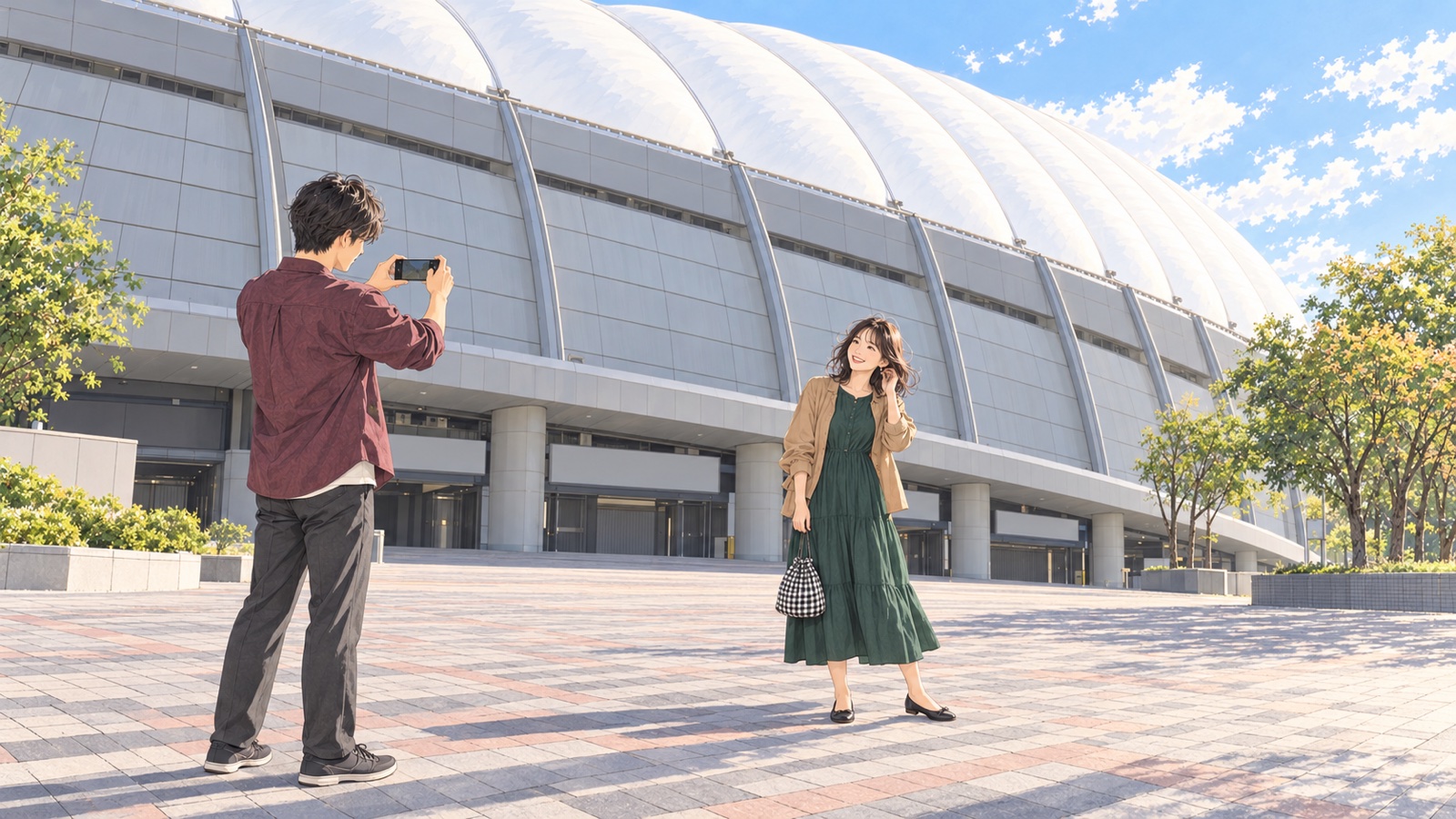 白い膜屋根のドーム球場の外周広場で、スマートフォンでポーズをとる女性を撮影する男性のイラスト