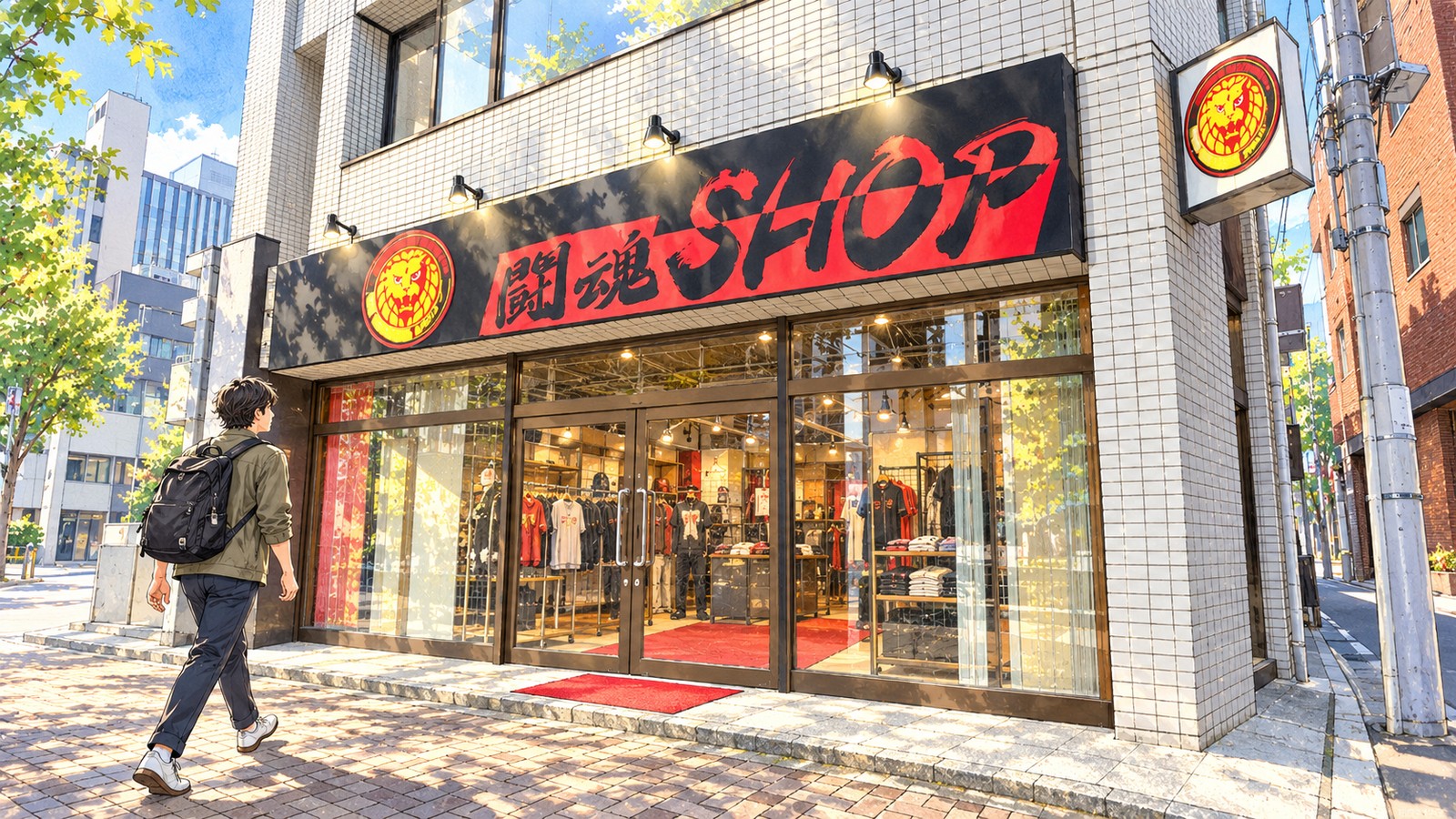 赤い「闘魂SHOP」の看板とライオンマークが掲げられた水道橋の店へ歩く男性のイラスト