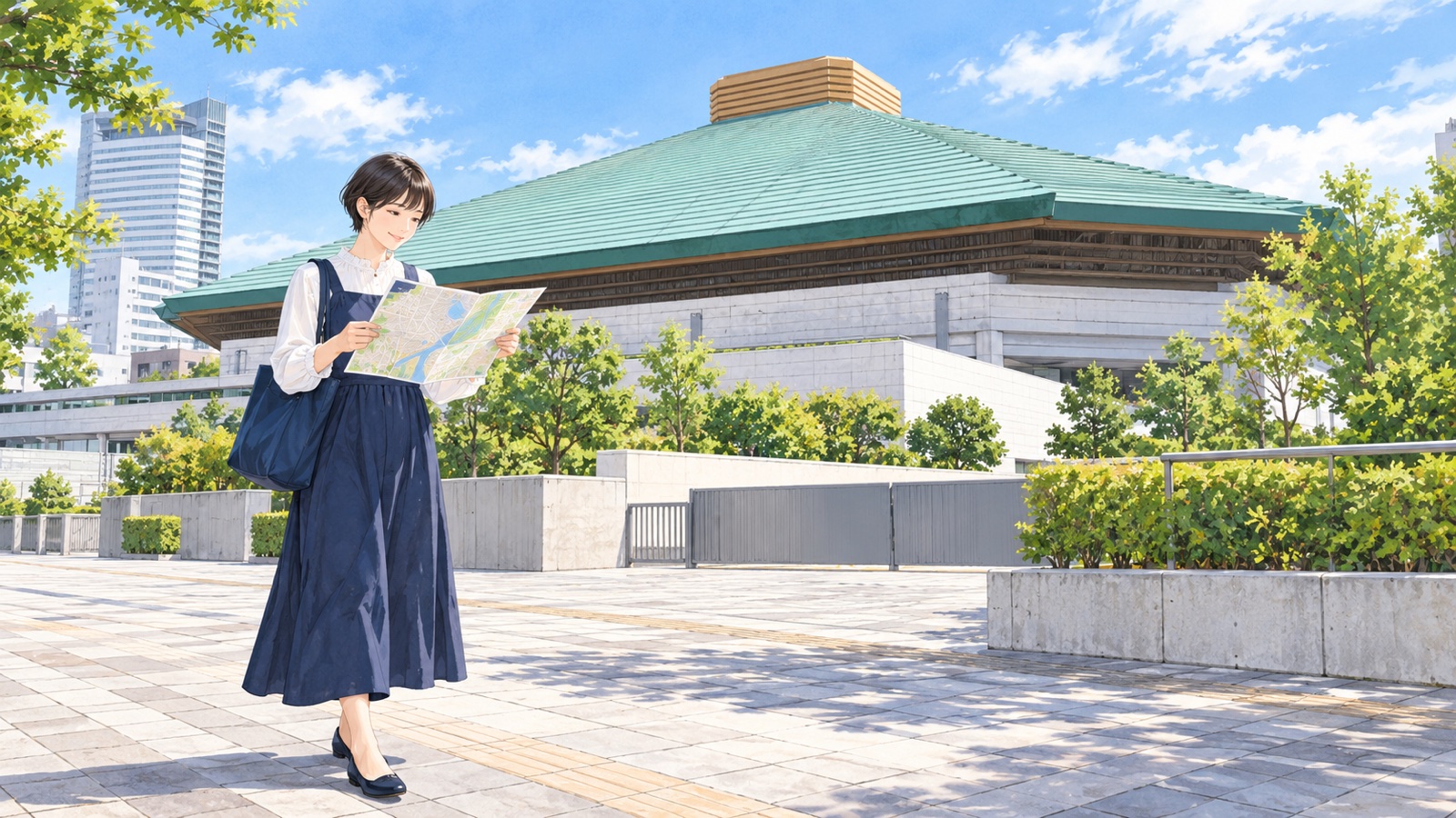 緑の屋根の国技館の前で地図を広げる一人の女性のイラスト