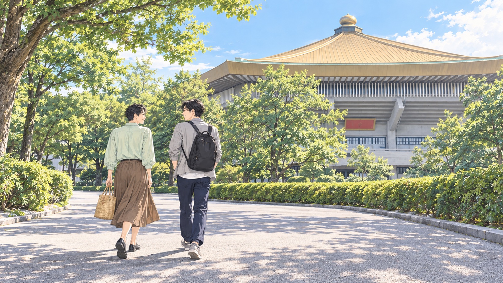 八角形の大屋根の武道館へ続く道を並んで歩く女性と男性のイラスト