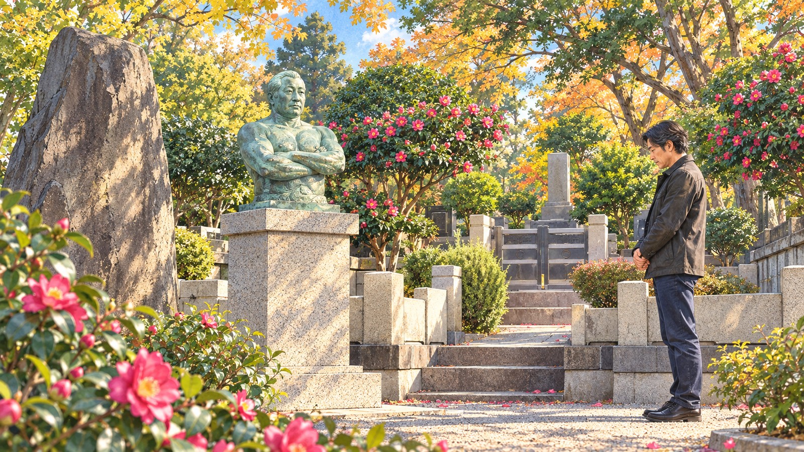 池上本門寺の墓所で、腕を組んだ力道山の胸像の前に静かに立つ男性のイラスト