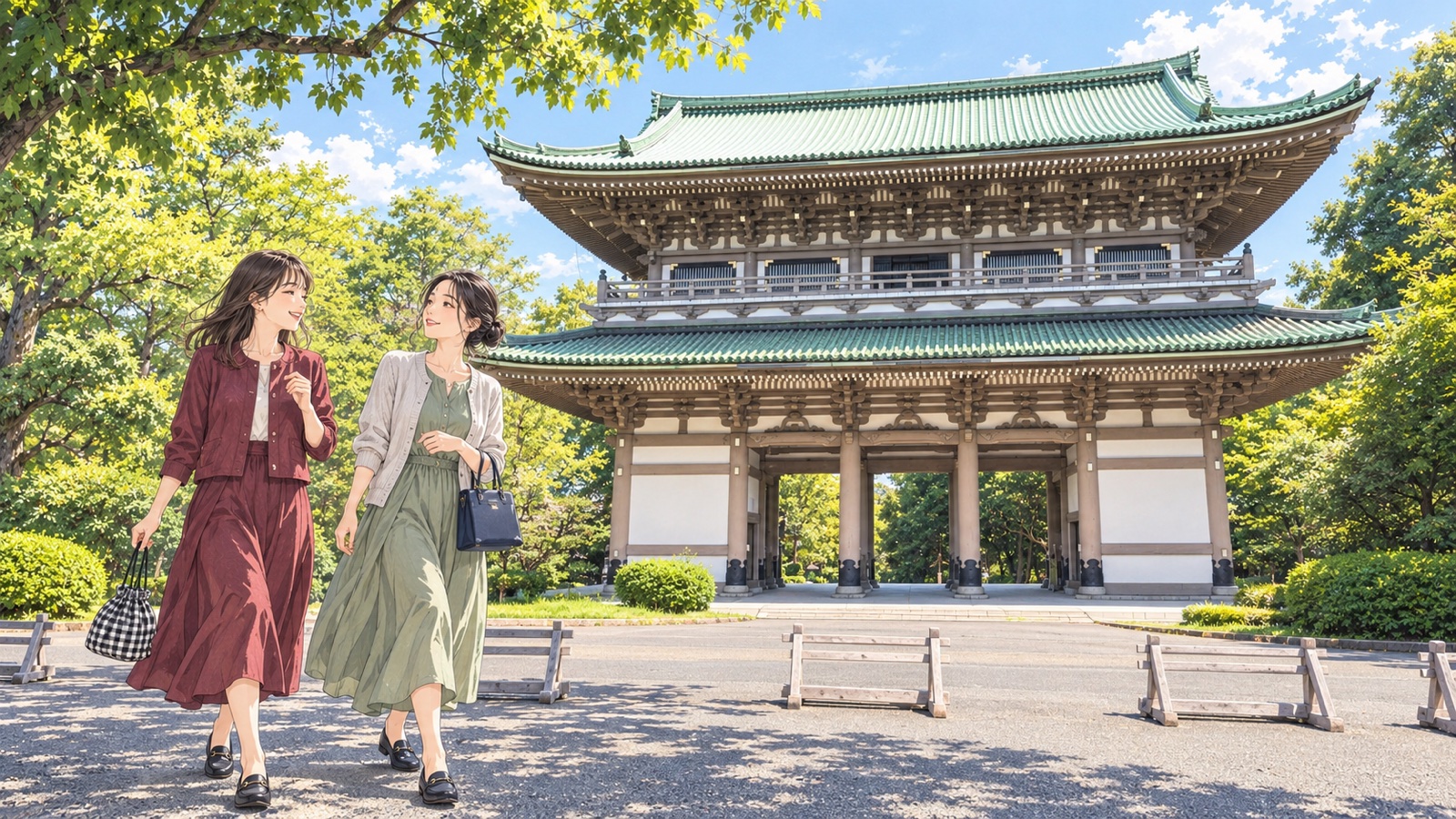大きな寺の二階建ての山門に向かって参道を歩く女性二人のイラスト