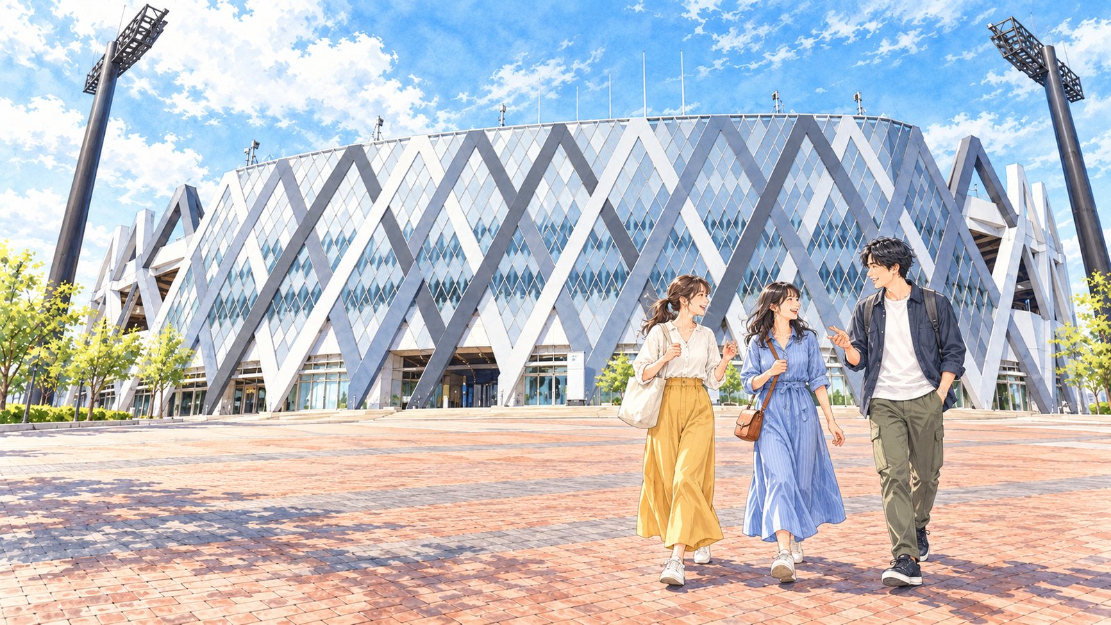 Illustration of a rugby stadium with floodlight towers and a lattice-patterned exterior, with three people walking across the plaza.