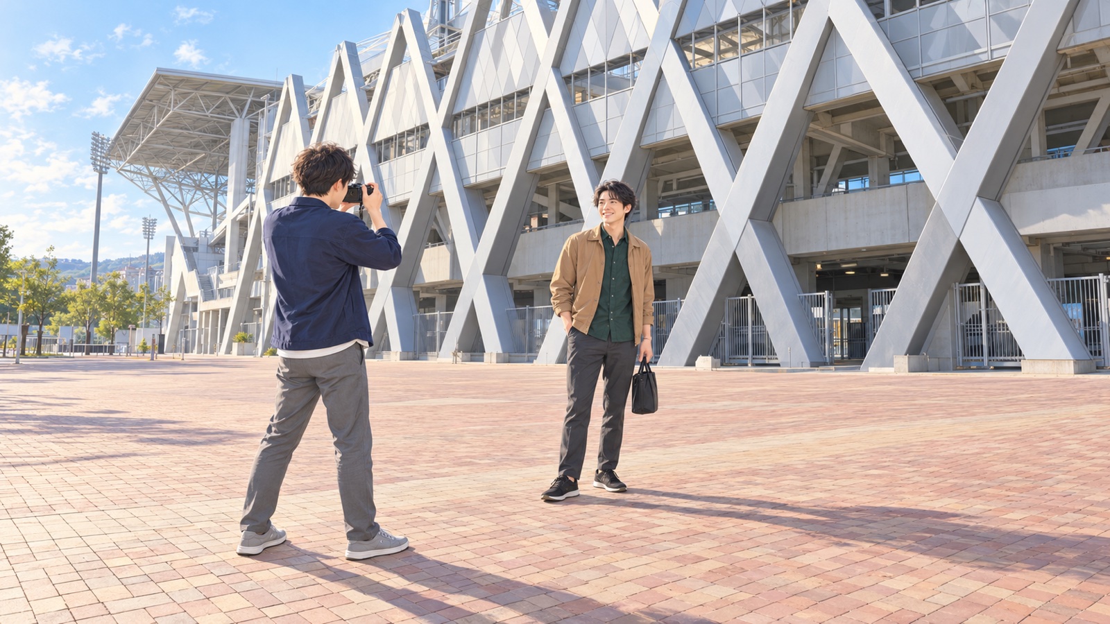 ラグビー場のメインスタンドの前で写真を撮る二人の男性のイラスト