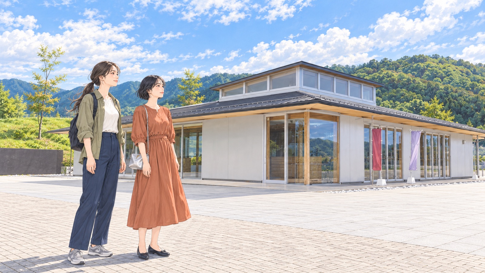 山を背にした低い木造の施設の前に立ち遠くを眺める女性二人のイラスト