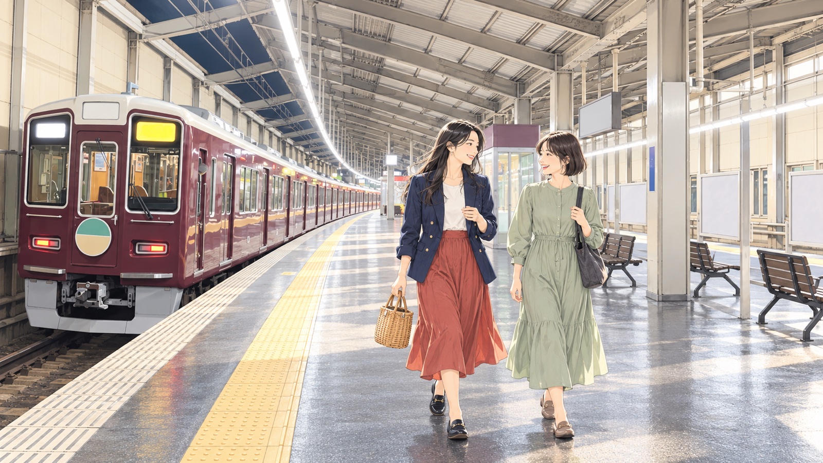 高架の駅のホームでえんじ色の電車を背に歩き出す女性二人のイラスト