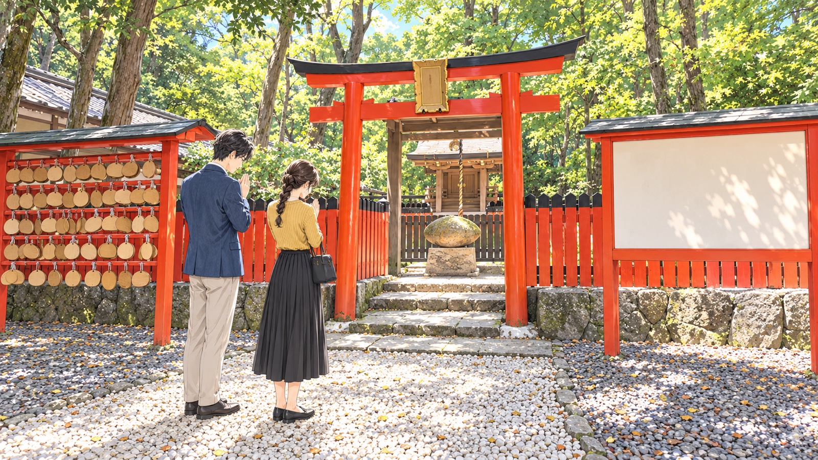 森の中の小さな神社の鳥居の前で手を合わせる男性と女性のイラスト