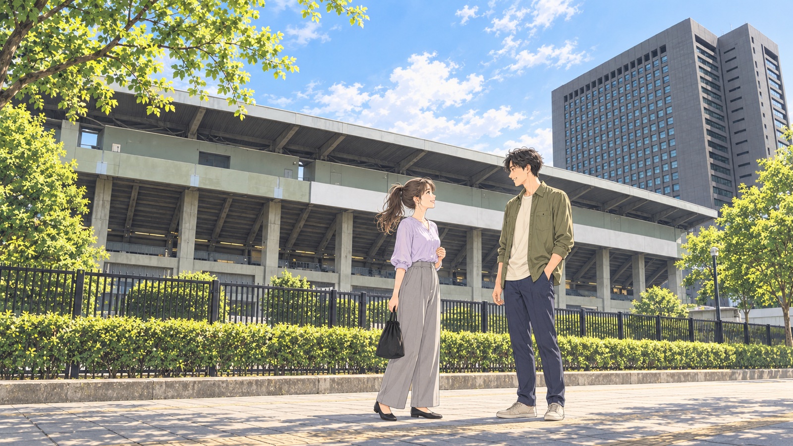 古いコンクリートのスタンドが見える競技場の前の歩道で、女性と男性が向かい合って立ち話をするイラスト