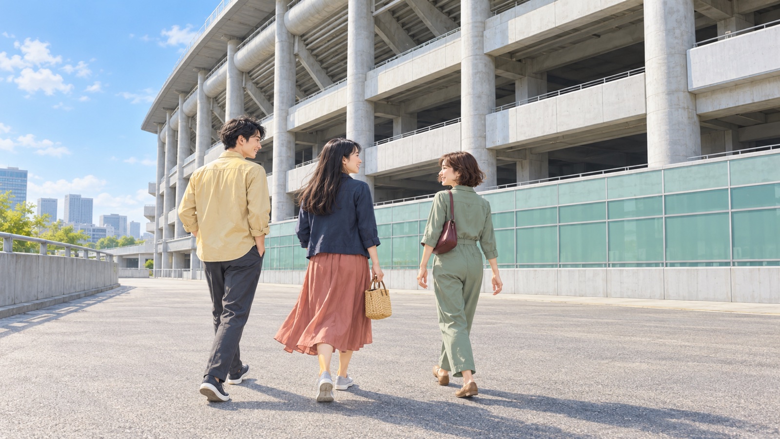 大きなコンクリートのスタジアムの脇の広い通路を歩く男性一人と女性二人のイラスト
