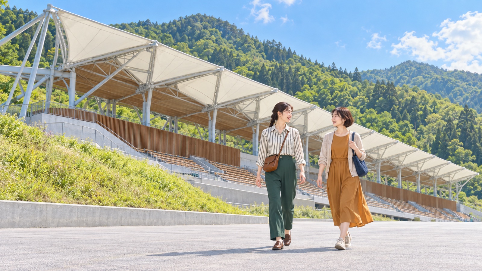 海と山に囲まれたスタジアムの外を歩く二人の女性のイラスト