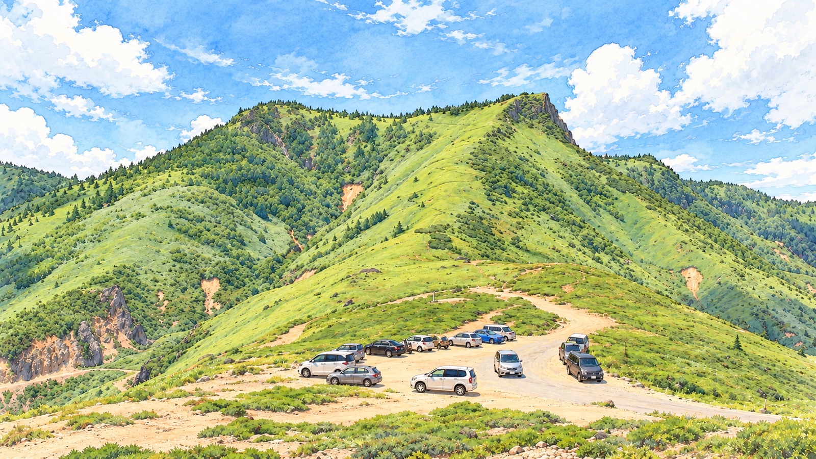 毛無峠の緑の尾根と土の広場に並ぶ車のイラスト