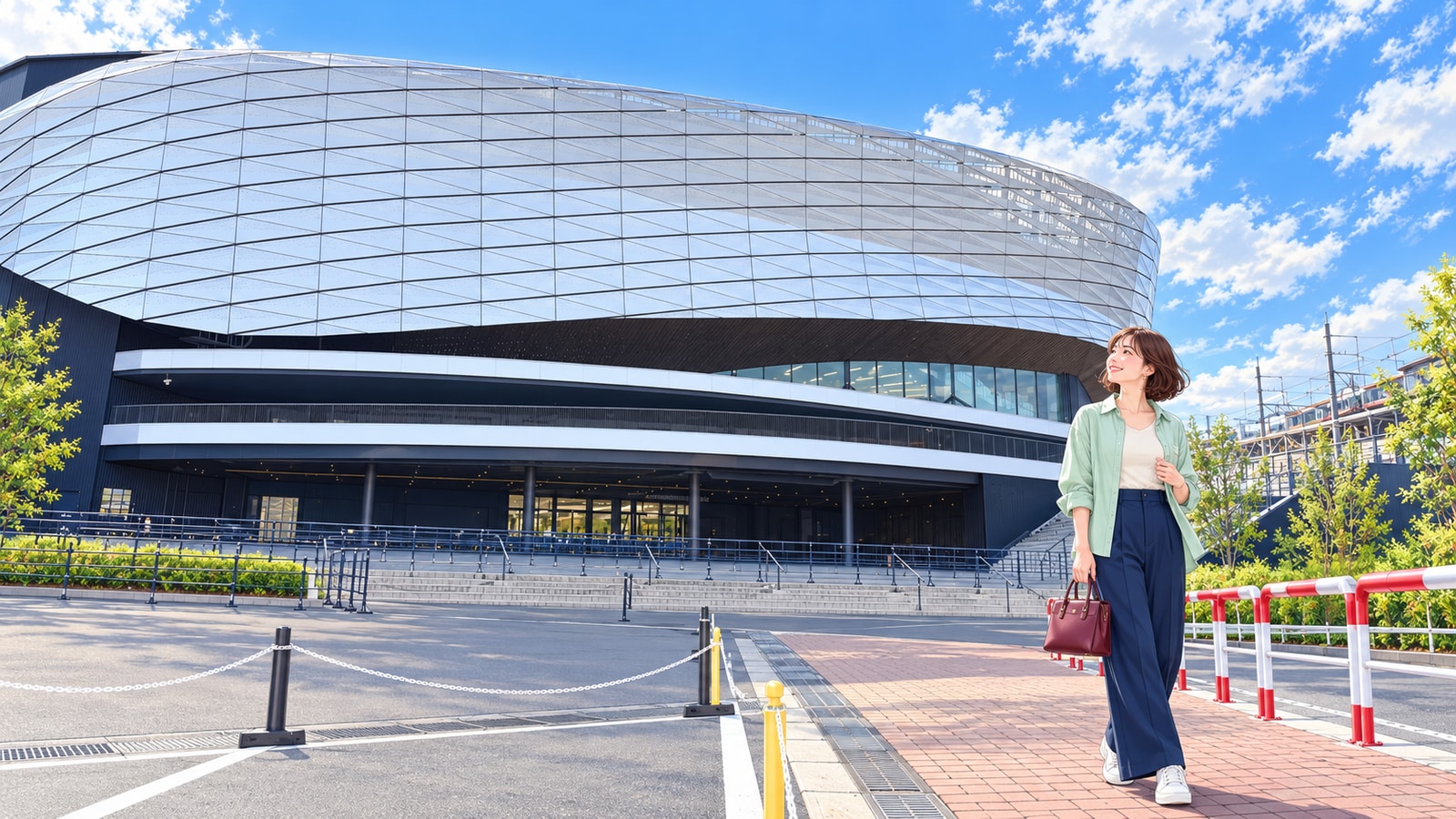 菱形の格子に覆われたLaLa arena TOKYO-BAYの外観と、歩道に立つ女性のイラスト