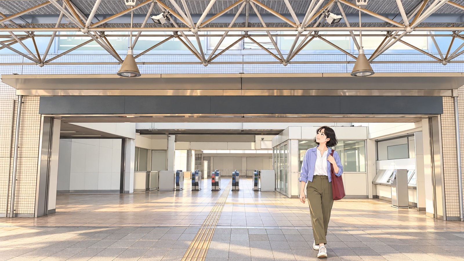 関東鉄道守谷駅のトラスがある改札前コンコースと、女性のイラスト