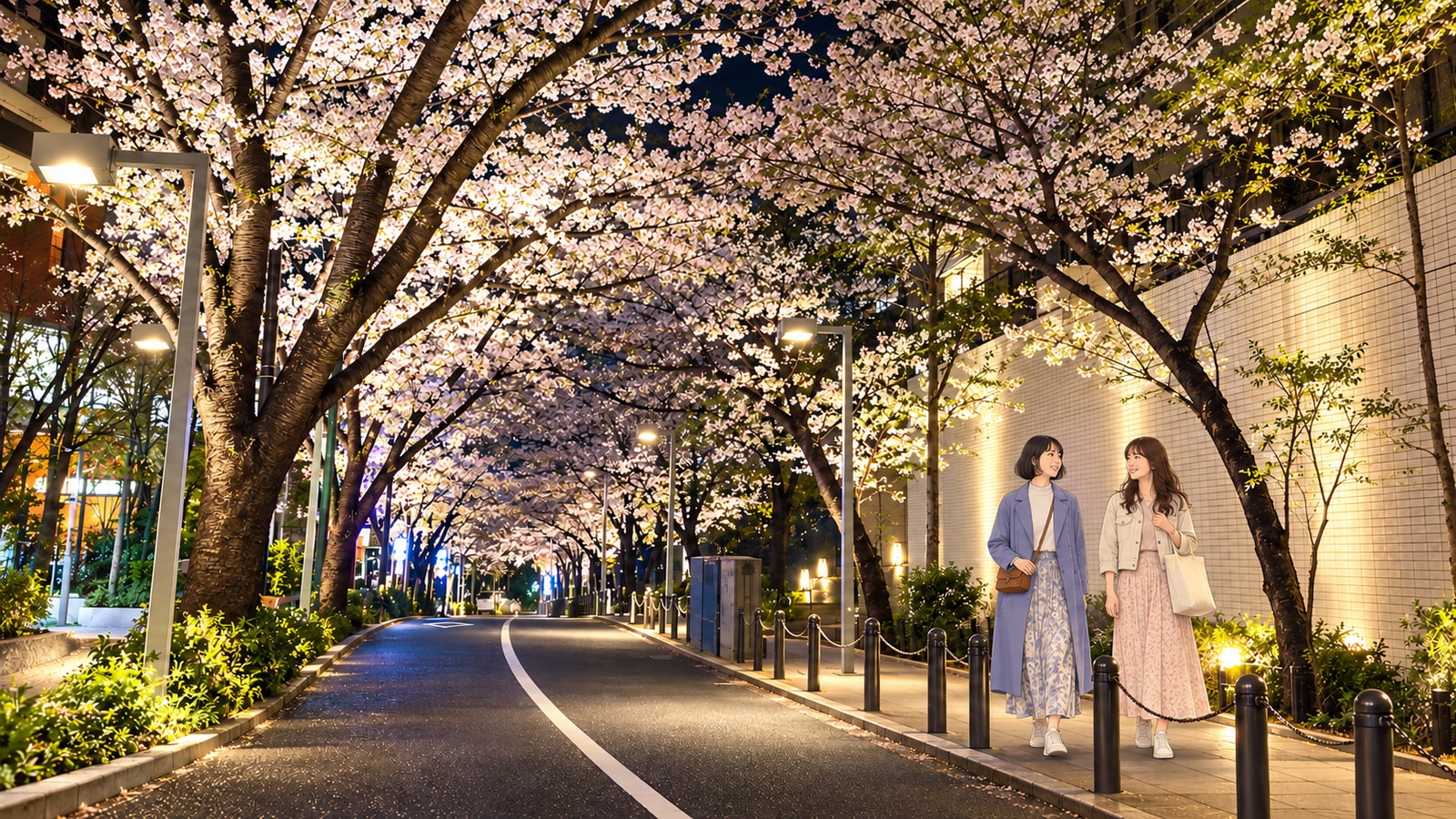 夜桜が並ぶ六本木さくら坂の歩道を歩く二人の女性のイラスト