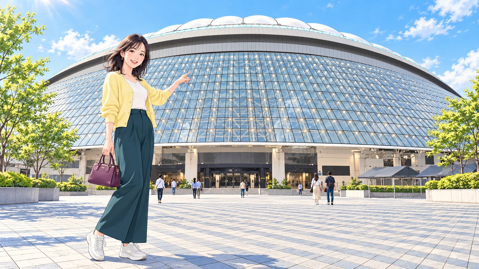 東京ドームの白い屋根と曲面ガラスの外観、前の広場に立つ女性のイラスト